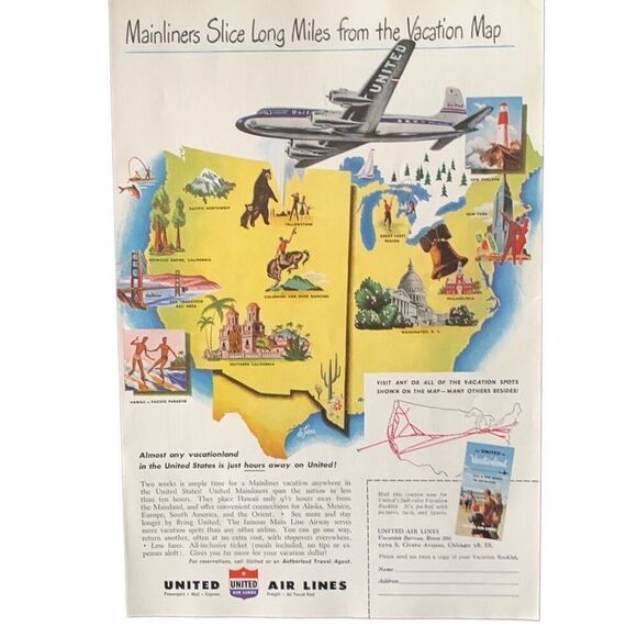 Vintage United Air Lines Vacation Map Ad Advertisement - Picture 4 of 4